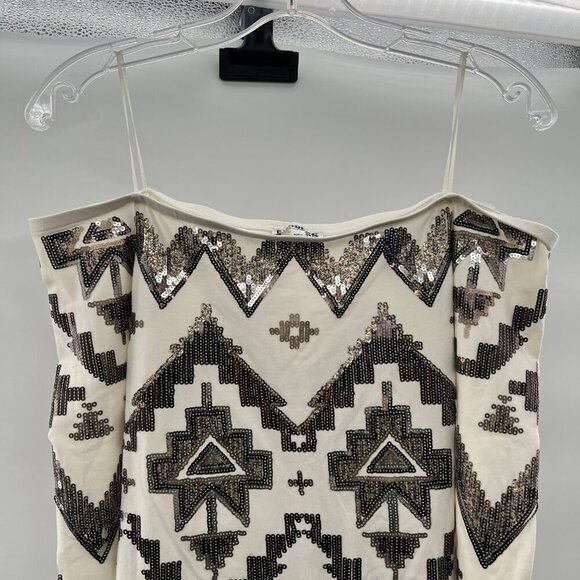 Express Off Shoulder Geometric Mini Dress Off White/Gold Sequin Size Small - Picture 2 of 9